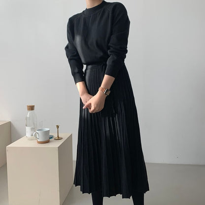 Long-Sleeve Mock Neck Plain Accordion Pleated Midi A-Line Knit Dress