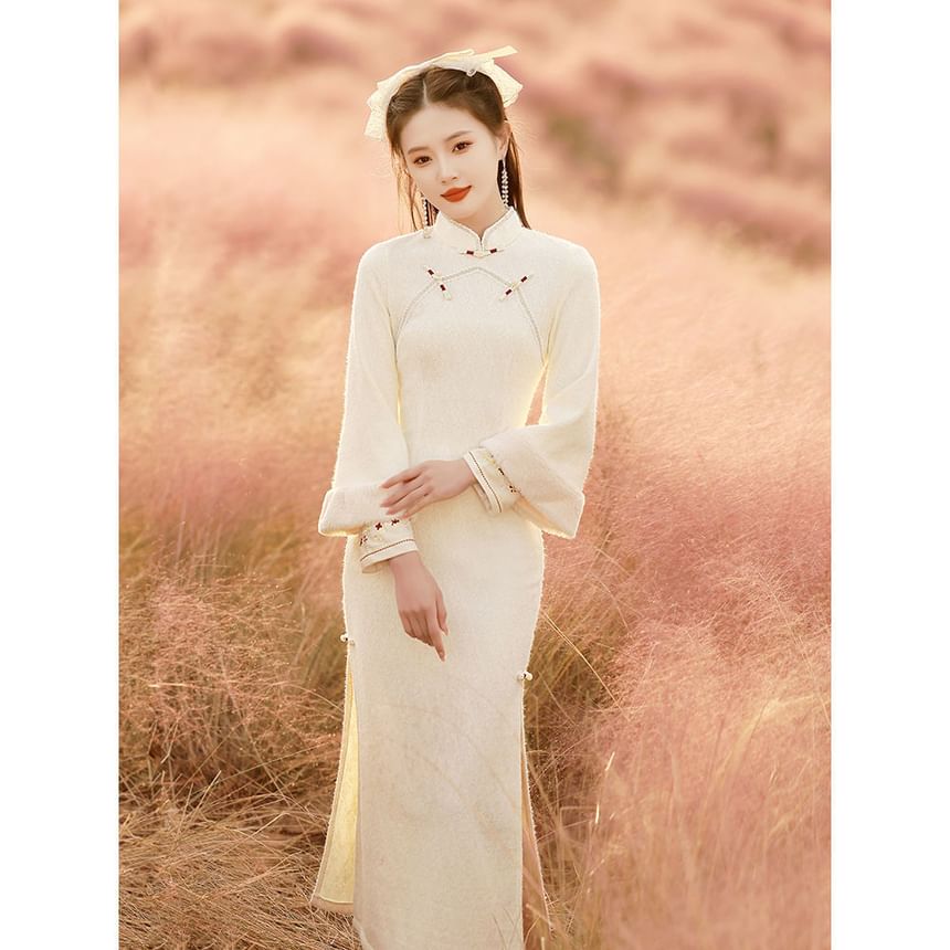 Long-Sleeve Embroidered Midi Qipao / Fluffy Trim Frog Button Vest