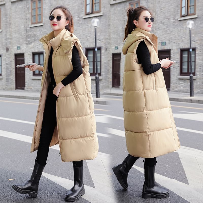 Plain Hooded Midi Puffer Vest