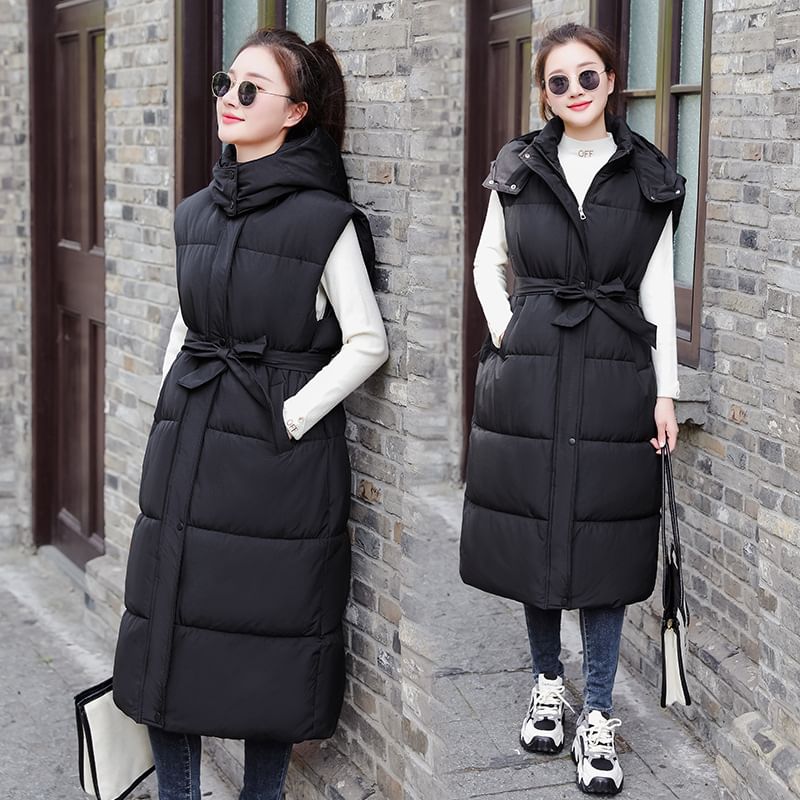 Plain Hooded Midi Puffer Vest