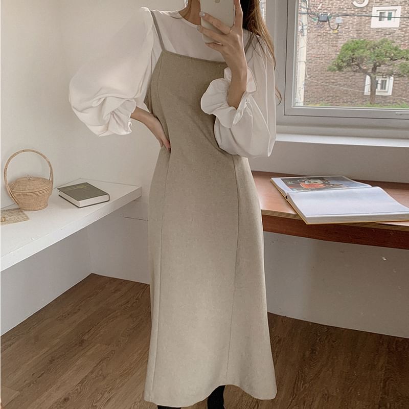 Spaghetti Strap Plain Midi Overall Dress / Long-Sleeve Crew Neck Plain Ruffle Trim Blouse