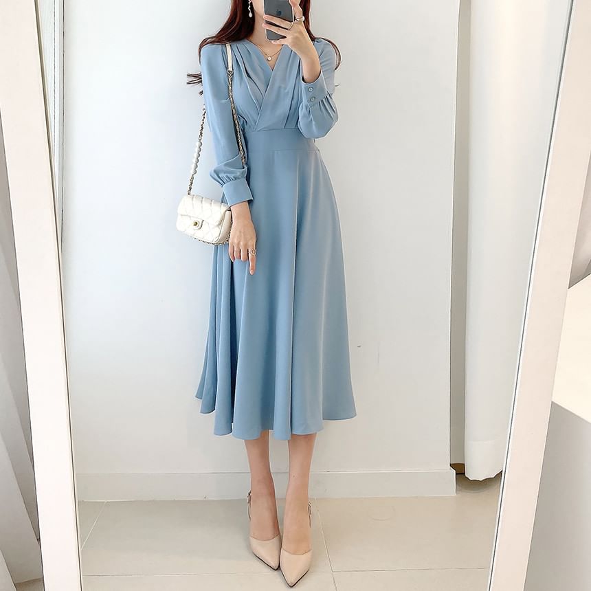 Long-Sleeve V-Neck Plain Midi A-Line Dress