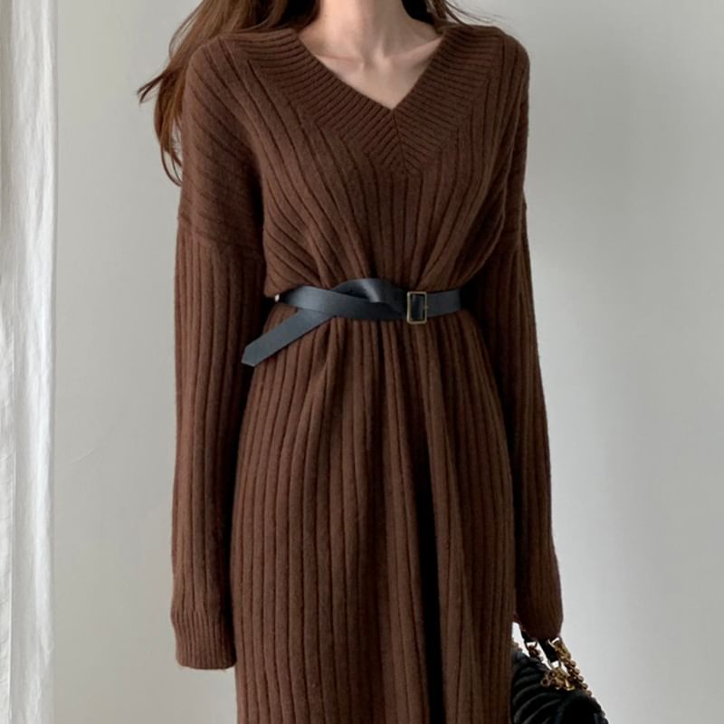 Long-Sleeve V-Neck Plain Ribbed Midi Sweater Dress