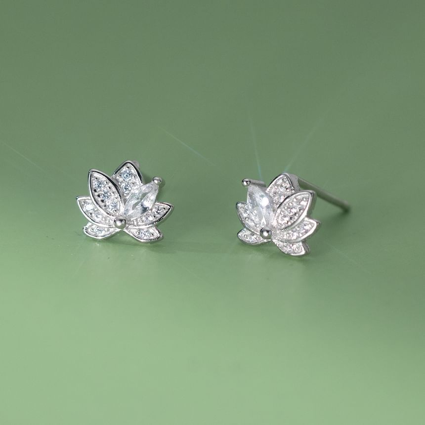 925 Sterling Silver Rhinestone Lotus Stud Earring