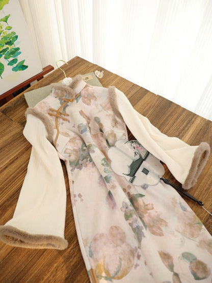 Long-Sleeve Floral Fluffy Trim Midi Qipao