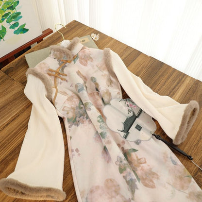 Long-Sleeve Floral Fluffy Trim Midi Qipao