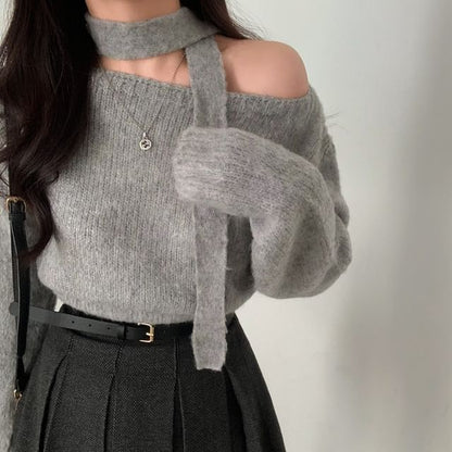 Set: Off-Shoulder Plain Sweater + Scarf