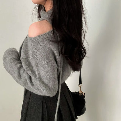 Set: Off-Shoulder Plain Sweater + Scarf