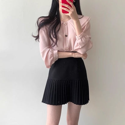 Long-Sleeve Plain Heart Button Blouse / High Waist Accordion Pleated Mini A-Line Skirt