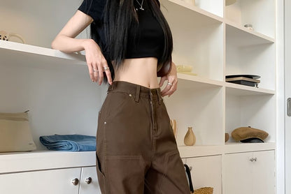 Low Waist Plain Straight-Fit Wide-Leg Cargo Pants