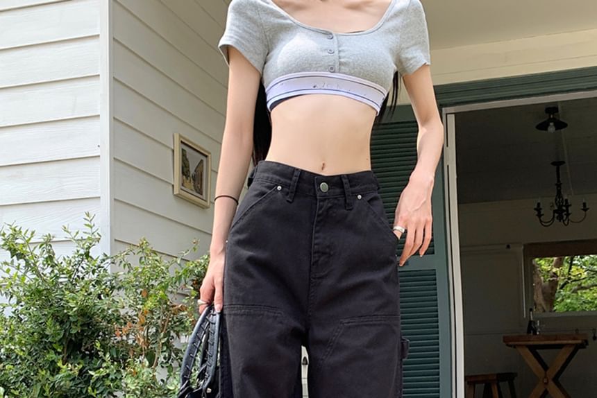 Low Waist Plain Straight-Fit Wide-Leg Cargo Pants