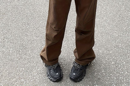 Low Waist Plain Straight-Fit Wide-Leg Cargo Pants