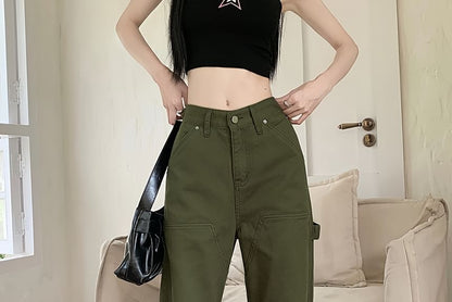 Low Waist Plain Straight-Fit Wide-Leg Cargo Pants