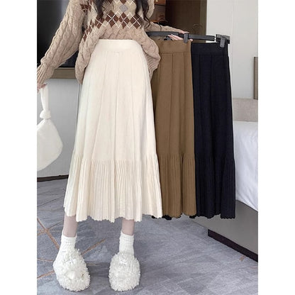 High Waist Plain Midi A-Line Knit Skirt