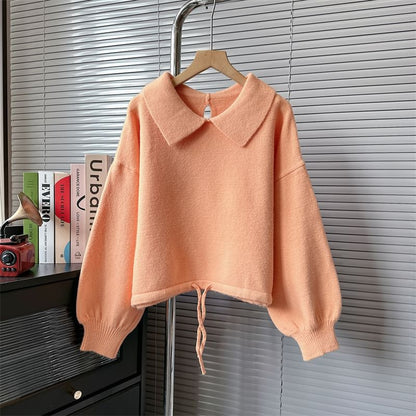 Puff-Sleeve Plain Collared Sweater