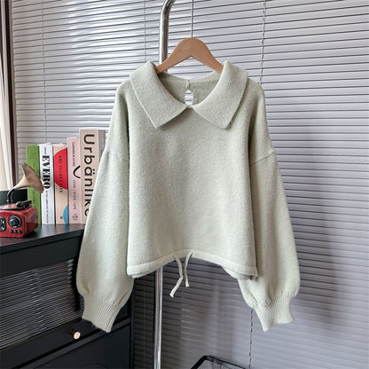 Puff-Sleeve Plain Collared Sweater