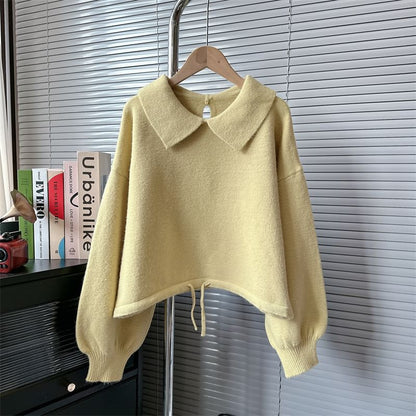 Puff-Sleeve Plain Collared Sweater