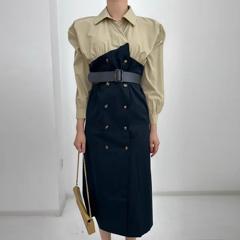 Long-Sleeve Collared  Two Tone Double-Breasted Midi Shirt Dress