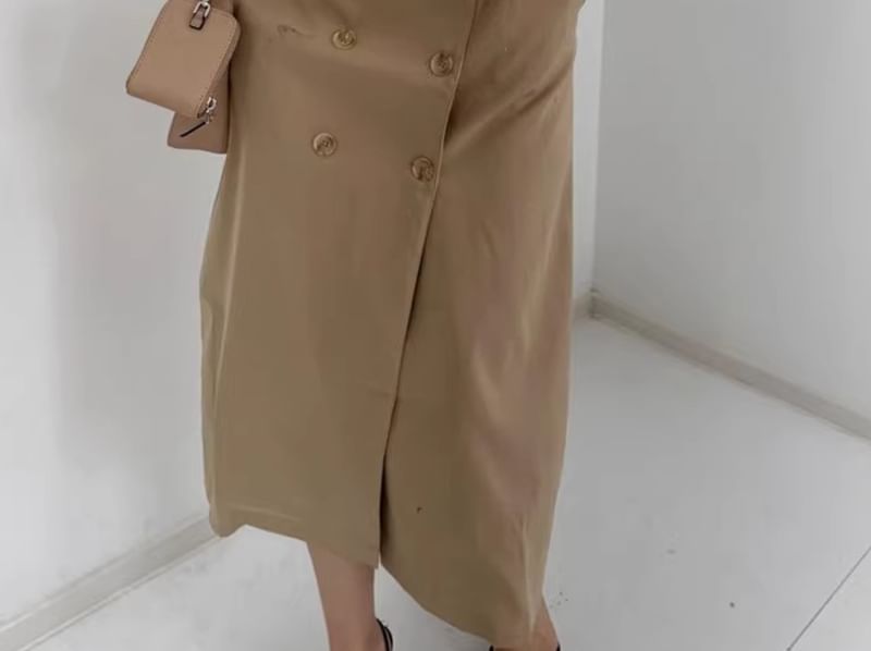 Long-Sleeve Collared  Two Tone Double-Breasted Midi Shirt Dress