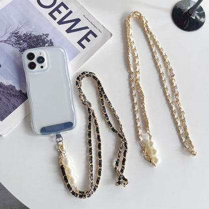 Faux Pearl Faux Leather Alloy Phone Lanyard