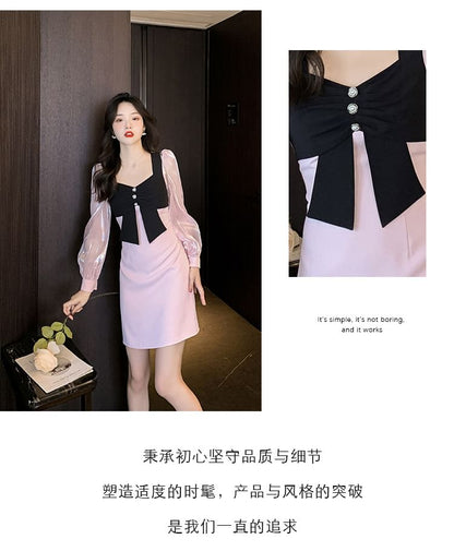 Long-Sleeve Square Neck Two Tone Bow Satin Mini A-Line Dress