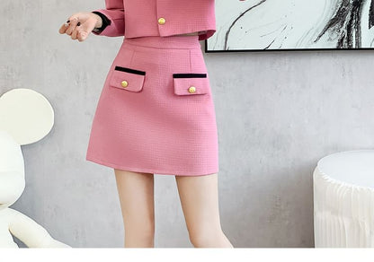 Set: Collared Two Tone Button Jacket + Mid Rise Mini A-Line Skirt