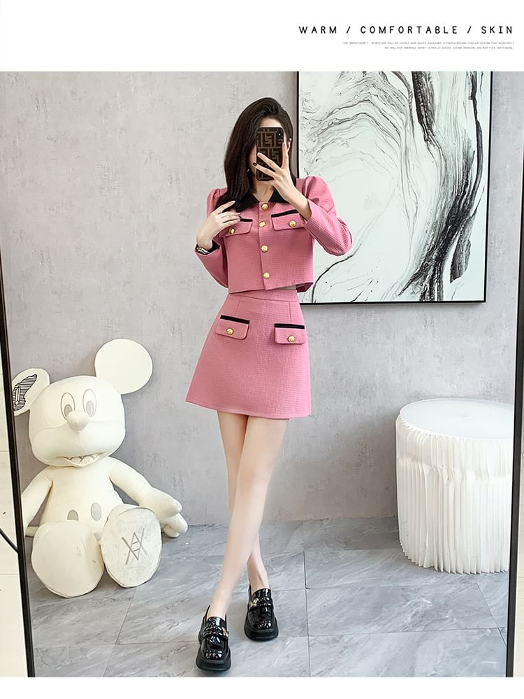 Set: Collared Two Tone Button Jacket + Mid Rise Mini A-Line Skirt