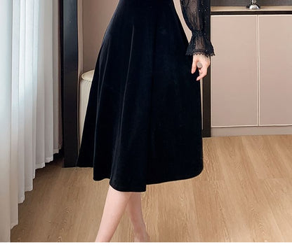 Long-Sleeve Crew Neck Lace Trim Velvet Midi A-Line Dress