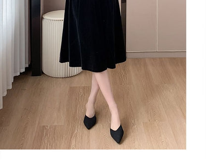 Long-Sleeve Crew Neck Lace Trim Velvet Midi A-Line Dress