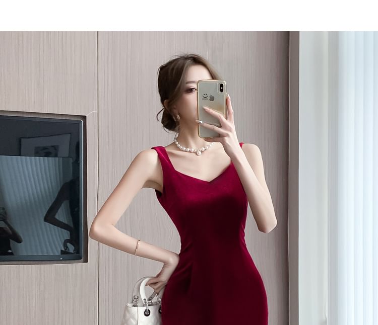 Spaghetti Strap V-Neck Plain Midi Sheath Dress