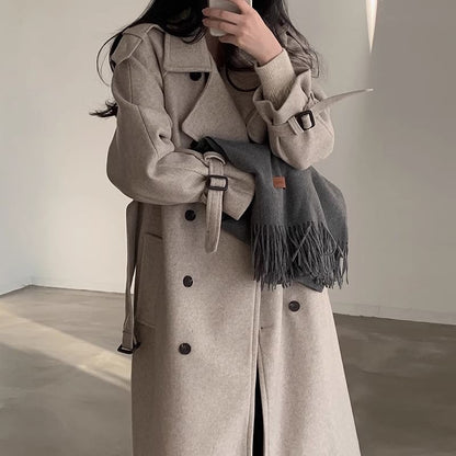 Plain Tie Waist Midi Double-Breasted Coat