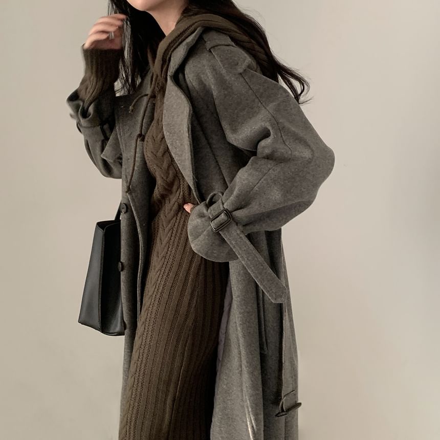 Plain Tie Waist Midi Double-Breasted Coat