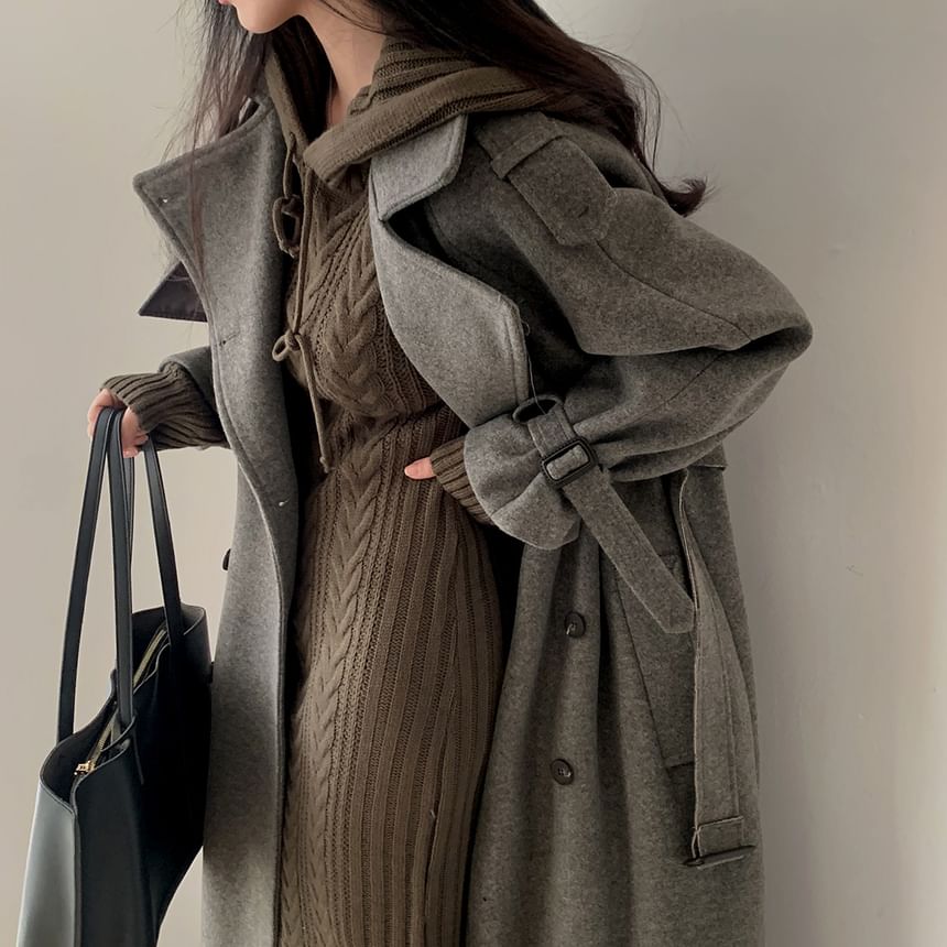 Plain Tie Waist Midi Double-Breasted Coat