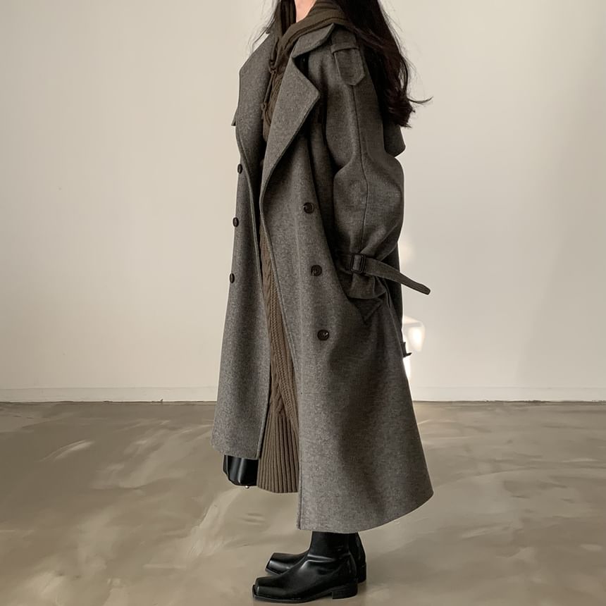 Plain Tie Waist Midi Double-Breasted Coat