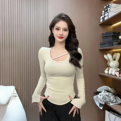 Long-Sleeve Scoop Neck Plain Asymmetrical T-Shirt