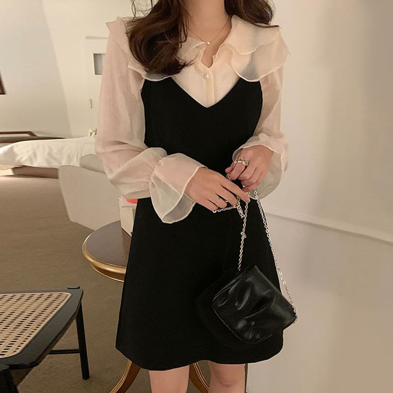 Long-Sleeve Collared Blouse / V-Neck Plain Mini A-Line Dress