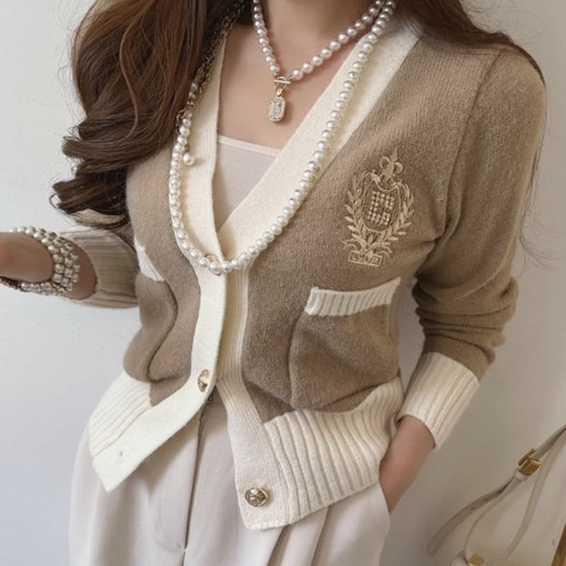 Contrast Trim Embroidered Cardigan