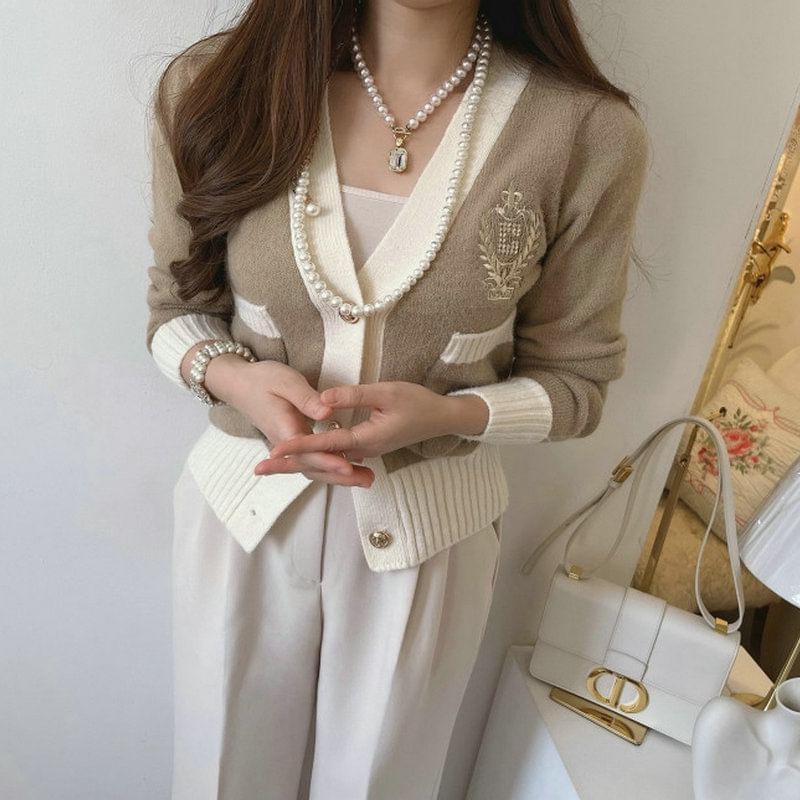 Contrast Trim Embroidered Cardigan