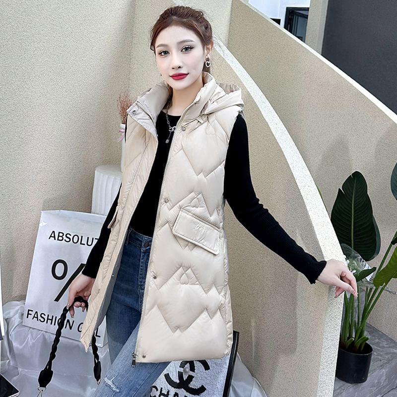 Hooded Plain Zip-Up Padded Long Vest