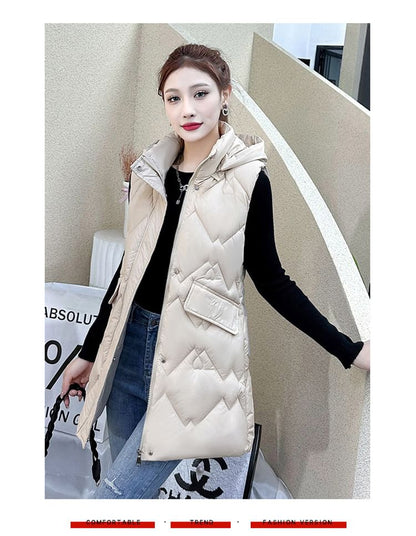 Hooded Plain Zip-Up Padded Long Vest