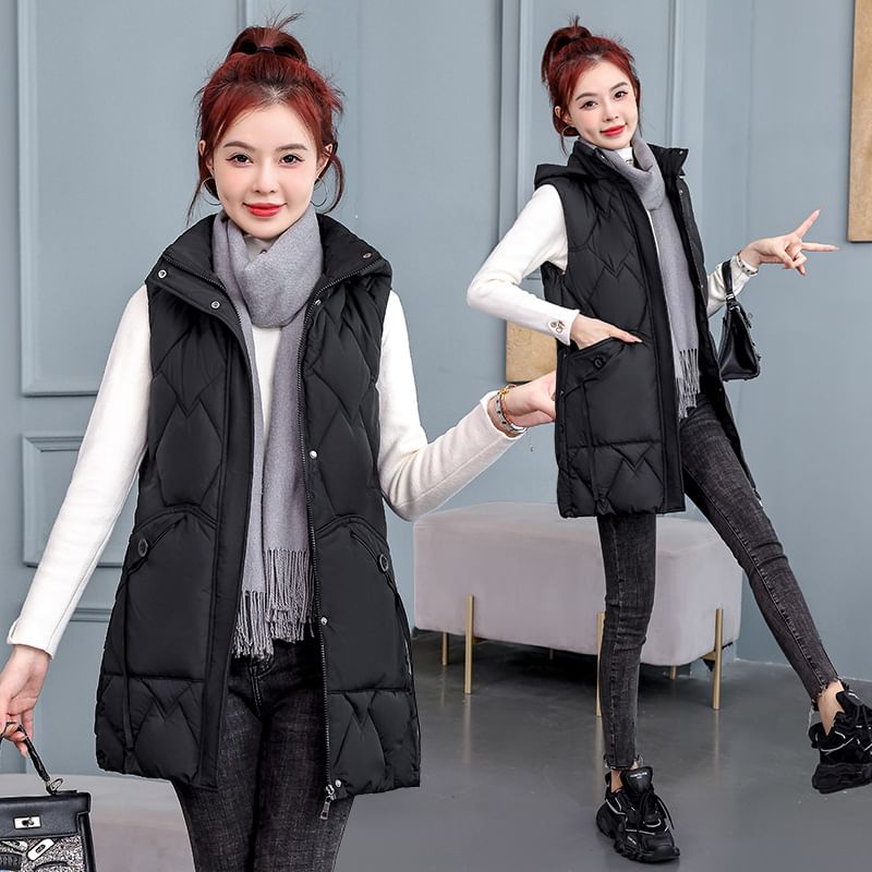 Hooded Padded Zip-Up Long Vest