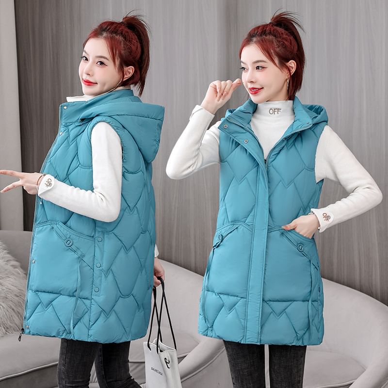 Hooded Padded Zip-Up Long Vest