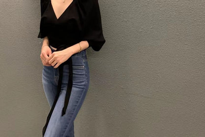 Long-Sleeve V-Neck Plain Wrap Top