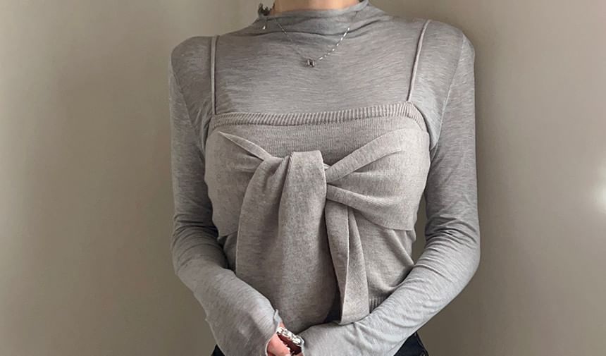 Set: Long-Sleeve Mock Neck Plain Top + Plain Bow Knit Camisole Top