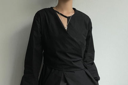 Long-Sleeve Round Neck Plain Cutout Slit Blouse