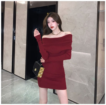 Long-Sleeve Off-Shoulder Plain Ribbed Mini Knit Sheath Dress