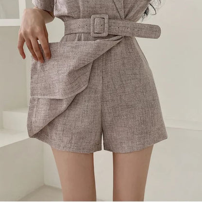 Short-Sleeve Belted Midi Blazer Dress