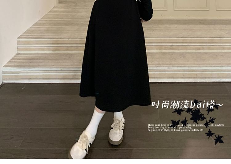 Long-Sleeve Hooded Plain Contrast Trim Midi A-Line Dress