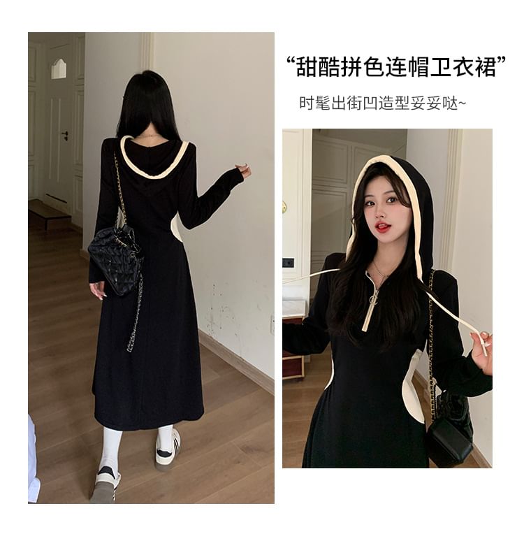 Long-Sleeve Hooded Plain Contrast Trim Midi A-Line Dress