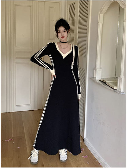 Long-Sleeve V-Neck Striped Maxi A-Line Dress